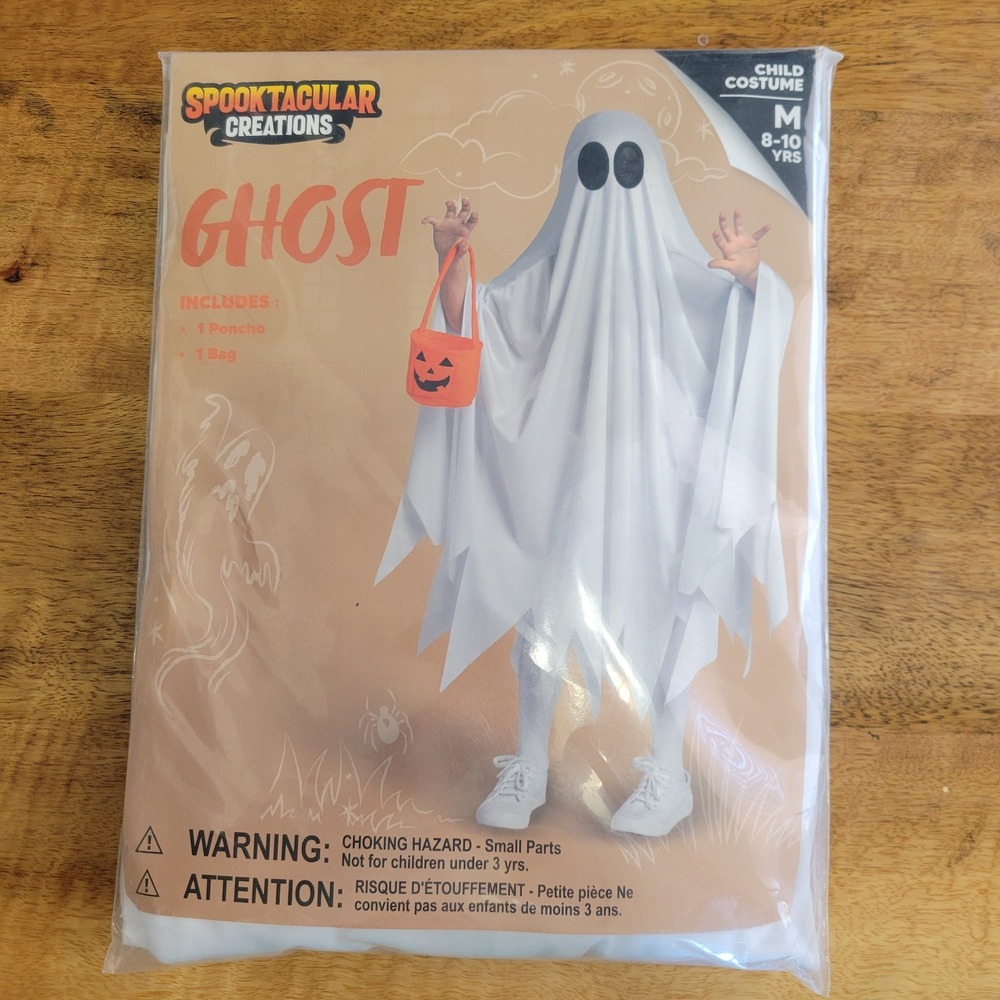 Spooktacular Creations Ghost Costume Kids Size M 8-10 White Poncho with Bag